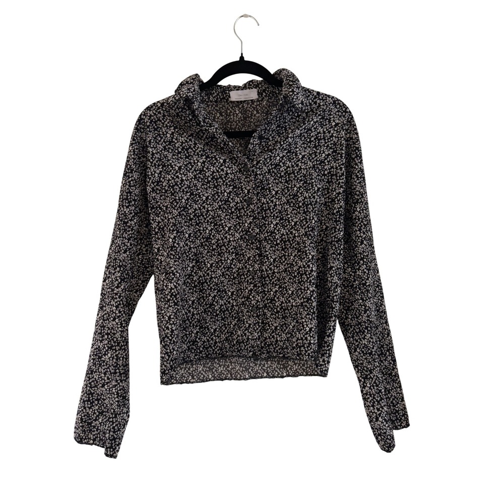 Oak + Fort Black White Floral Ditsy Print Button Down Blouse Long Sleeve Large